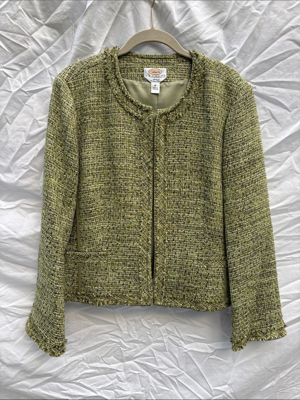 Talbots Green Tweed Fringe Collarless Blazer